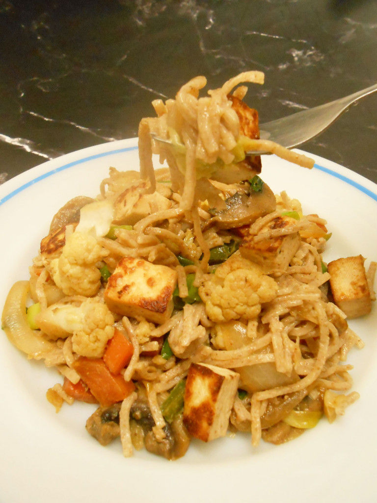vegetable stir fry noodles with marinated tofu